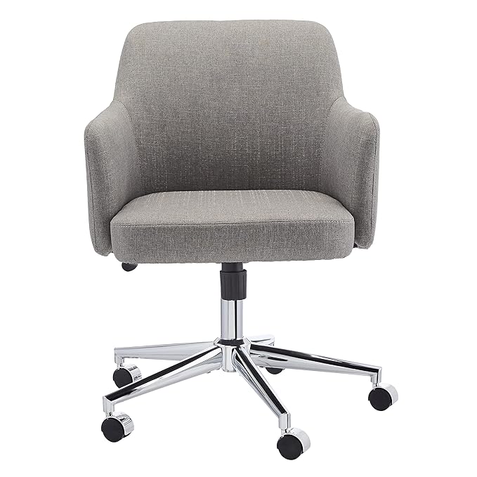 The Pretty Good Chair — grey fabric mid-back swivel office chair with flared arms and chrome base, front view